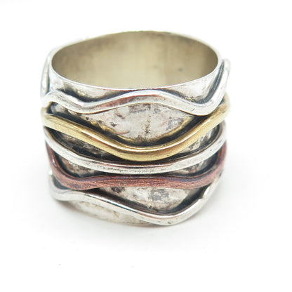 925 Sterling Silver 3-Tone Vintage Modernist Wavy Ring Size 8.5