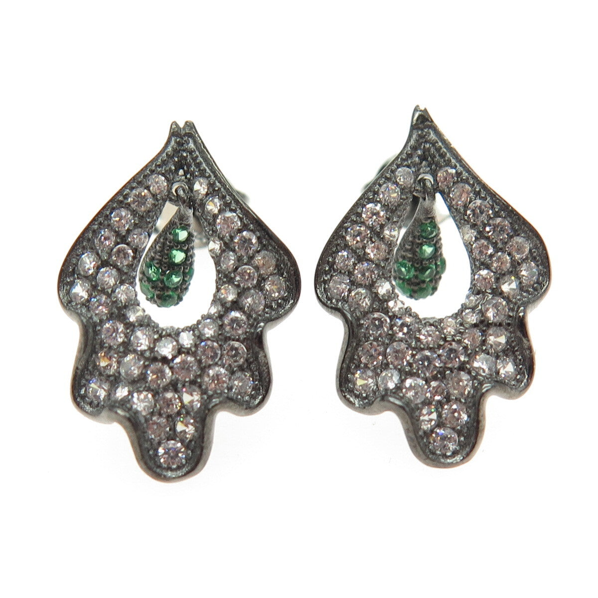 925 Sterling Silver Round-Cut Green & White C Z Leaf Black Rhodium Earrings