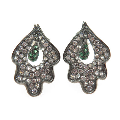 925 Sterling Silver Round-Cut Green & White C Z Leaf Black Rhodium Earrings