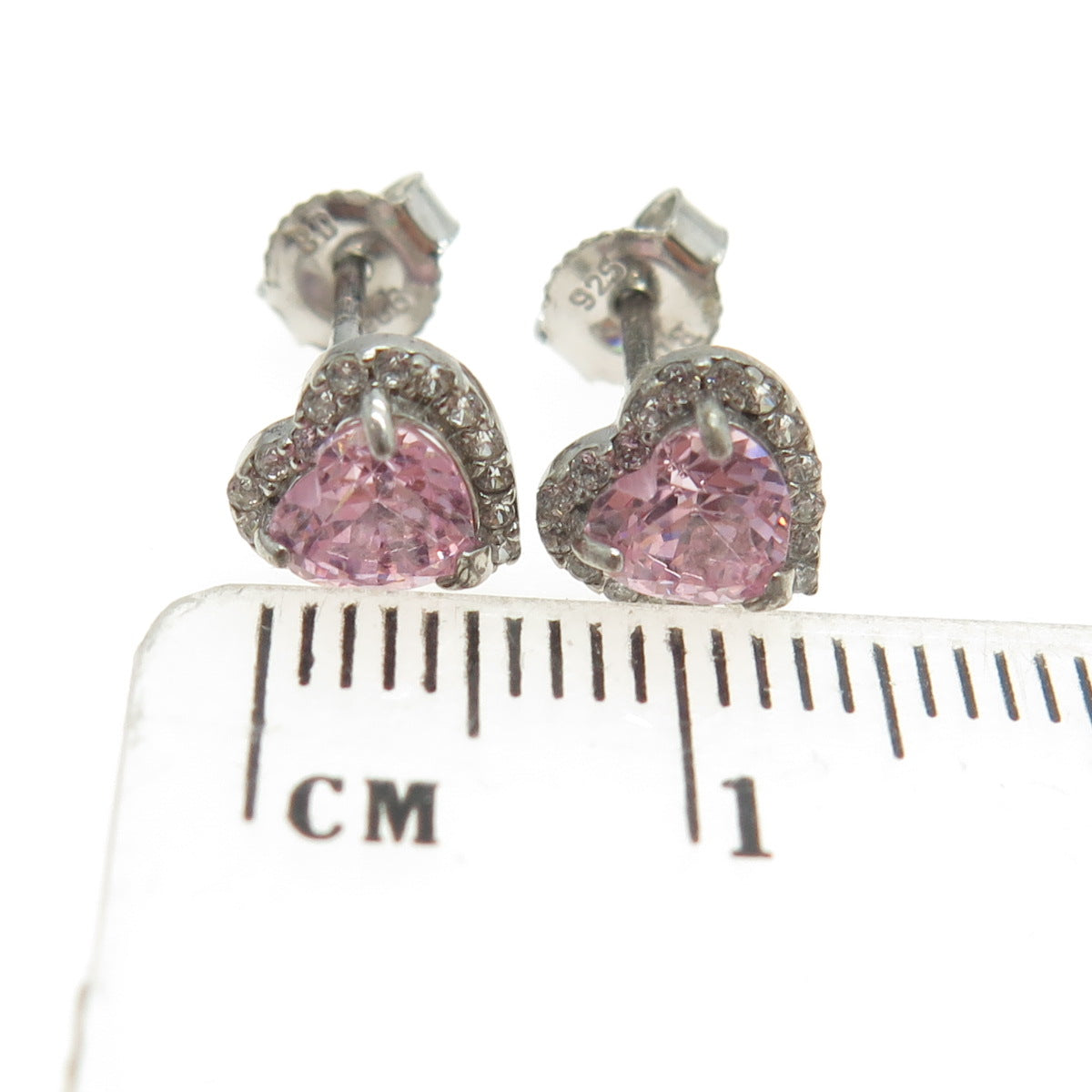 925 Sterling Silver Heart & Round-Cut Pink White C Z Stud Earrings