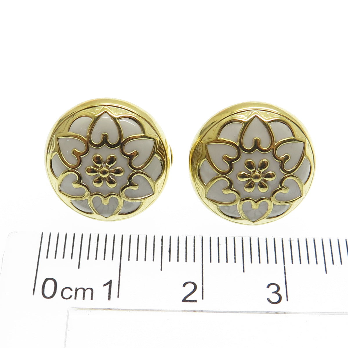 HAN 925 Sterling Silver Gold Plated Enamel Heart Floral Omega Back Earrings