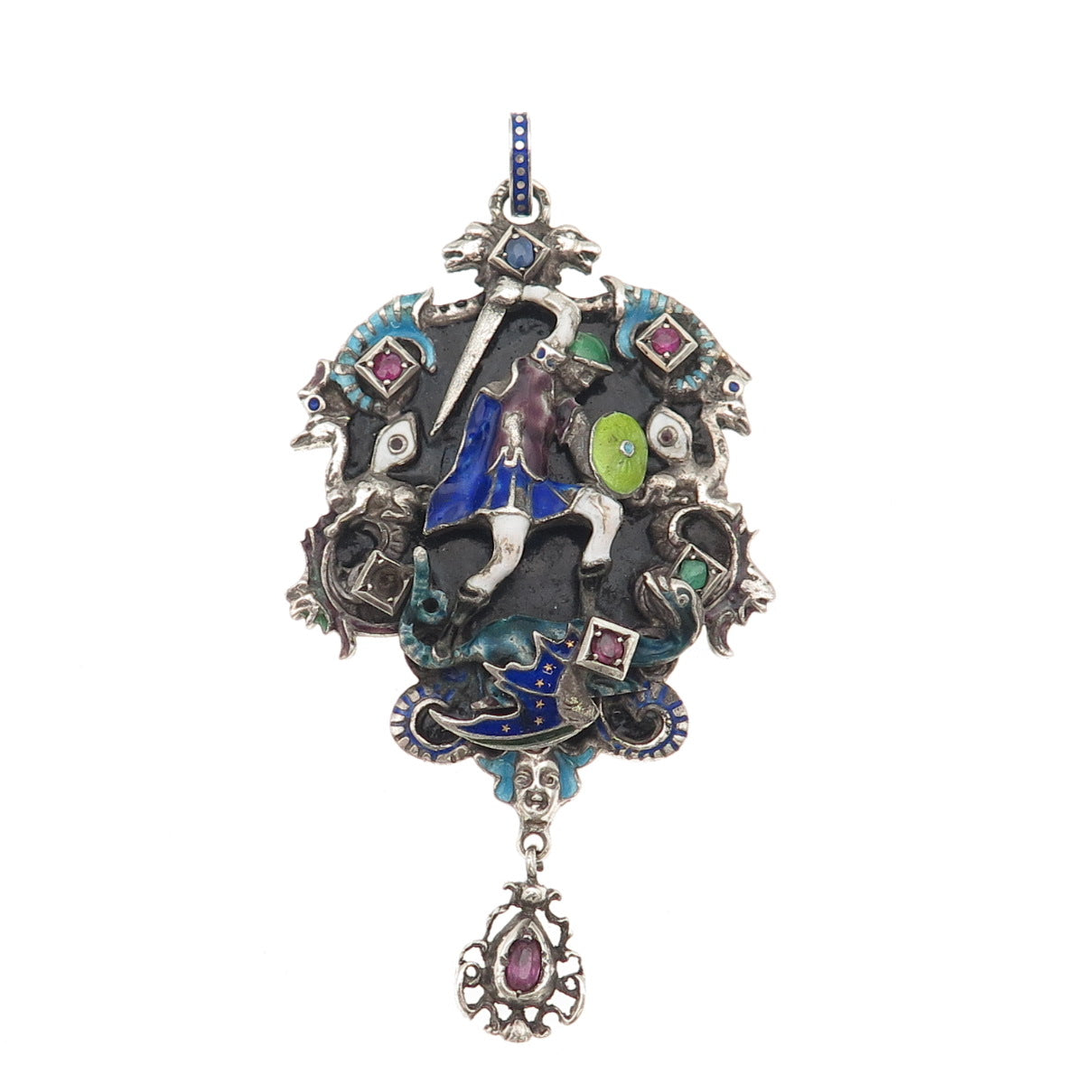 Antique Austro-Hungarian Silver Enamel Multi-Color Gem Pendant (missing 1 stone)