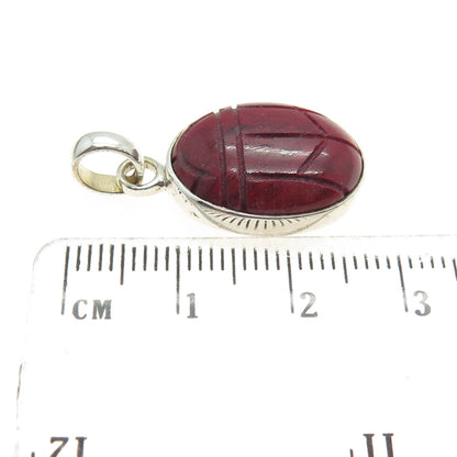 925 Sterling Silver Vintage Real Red Jasper Gemstone Scarab Pendant