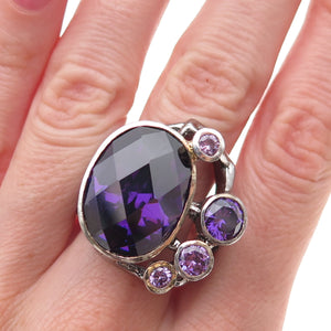 925 Sterling Silver Vintage Purple C Z Modernist Oxidized Ring Size 9.25