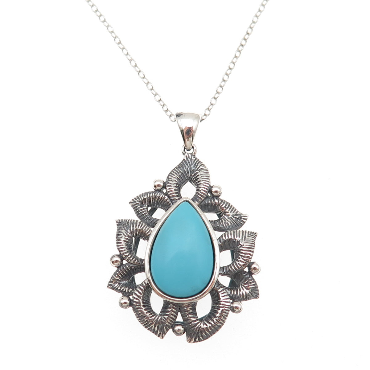 925 Sterling Silver Real Tyrone Turquoise Floral Cable Chain Necklace 18"