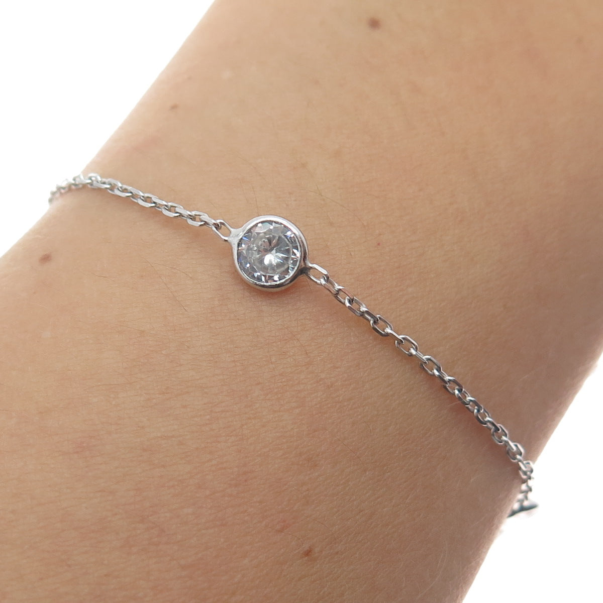 925 Sterling Silver Round-Cut Shaped C Z Station Cable Link Anklet/Bracelet 10"