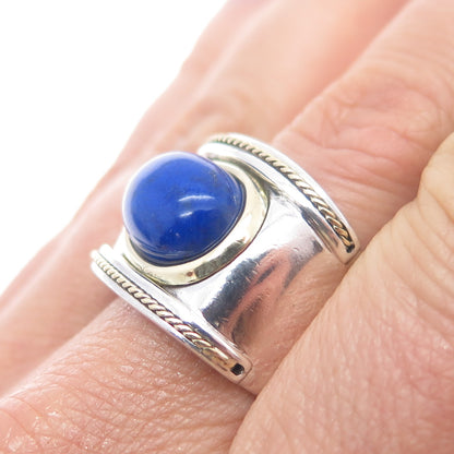 18K Gold 925 Sterling Silver Vintage Real Lapis Lazuli Modernist Ring Size 11.5