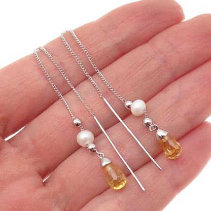 925 Sterling Silver Real Lemon Quartz & Pearl Long Chain Drop Dangle Earrings