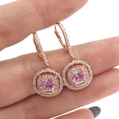 925 Sterling Silver Rose Gold Plated Round & Cushion-Cut White Pink C Z Earrings