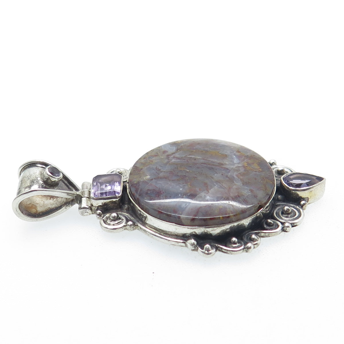 925 Sterling Silver Vintage Real Agate & Amethyst Modernist Oxidized Pendant