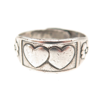 Beau 925 Sterling Antique Art Deco Couple Heart Floral Adjustable Ring Size 6.5