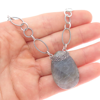 925 Sterling Silver Vintage Real Labradorite Figaro Chain Necklace 14"