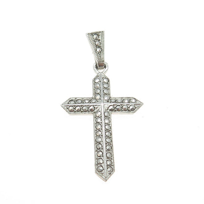 925 Sterling Silver Antique Art Deco Real Marcasite Gemstone Cross Pendant