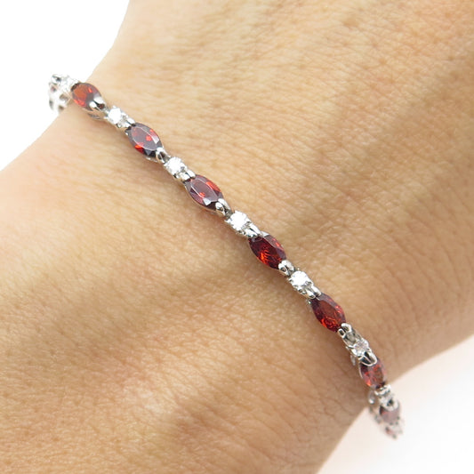 925 Sterling Silver Real Red Garnet Gemstone & C Z Tennis Link Bracelet 6.75"