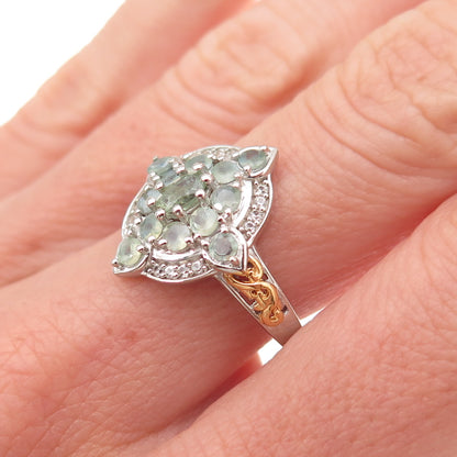 D'Joy 925 Sterling Silver 2-Tone Real Green Topaz & White Topaz Ring Size 8