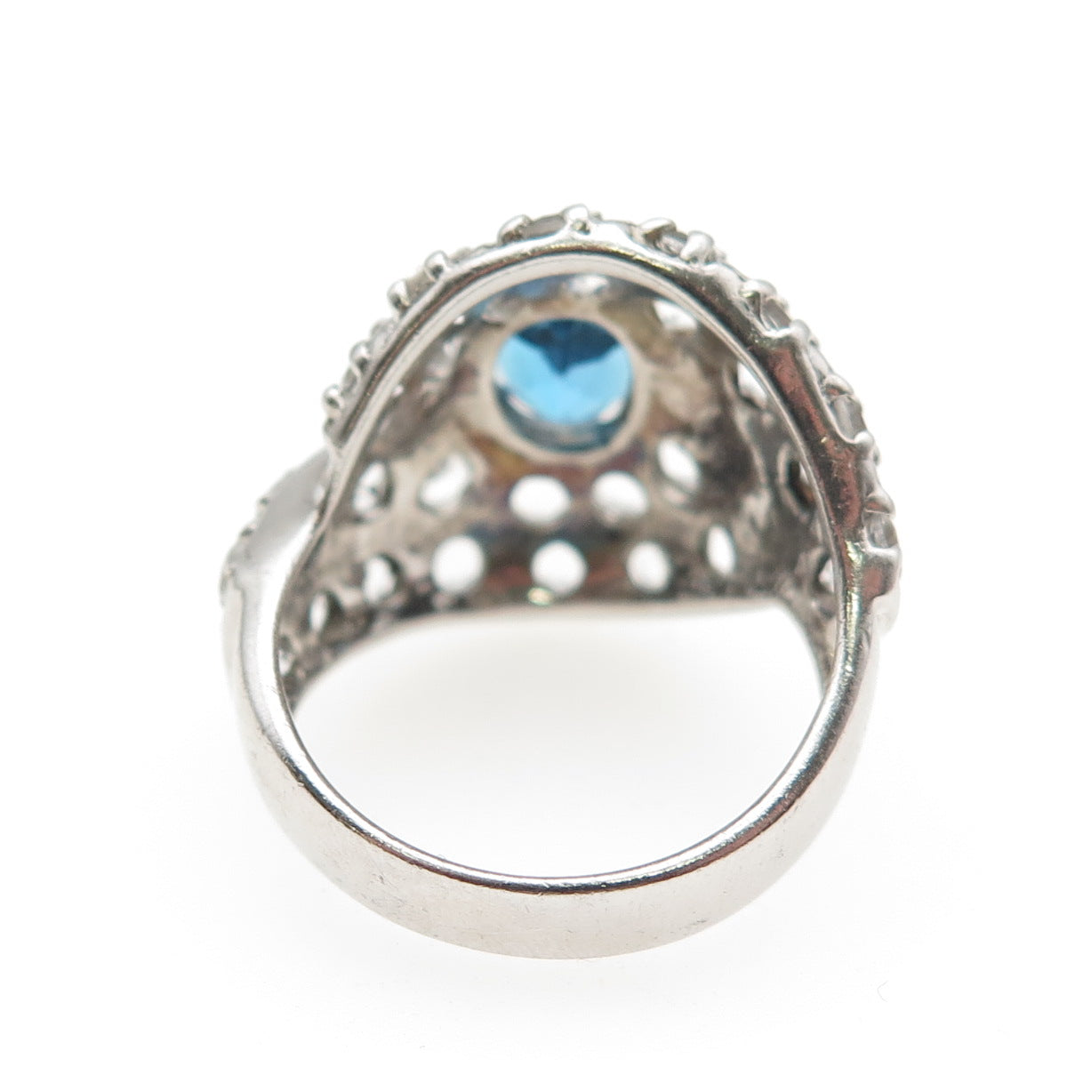 925 Sterling Silver Real Oval-Cut Blue & Round-Cut White Topaz Ring Size 8