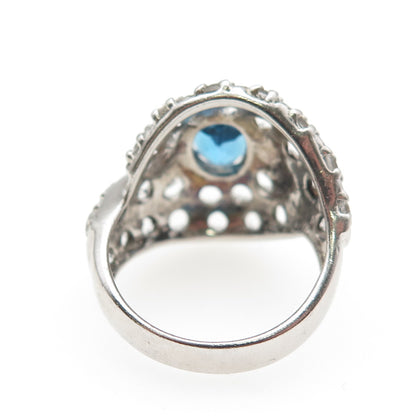 925 Sterling Silver Real Oval-Cut Blue & Round-Cut White Topaz Ring Size 8