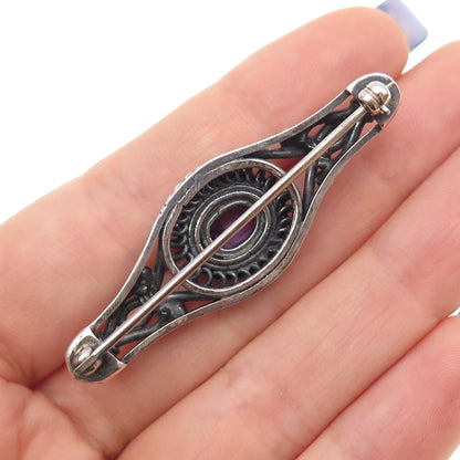 925 Sterling Silver Vintage Real Oval-Cut Amethyst Oxidized Pin Brooch