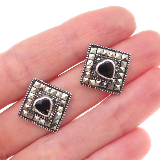925 Sterling Silver Vintage Real Black Onyx & Marcasite Heart Earrings
