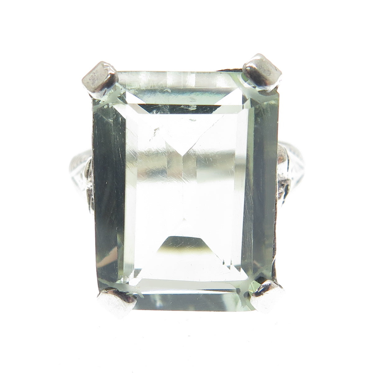 925 Sterling Silver Vintage Real Emerald-Cut Green Topaz Filigree Ring Size 7.25