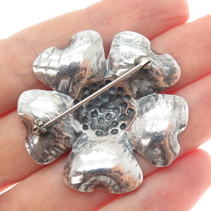 925 Sterling Silver Vintage Flower Blossom Oxidized Handmade Pin Brooch