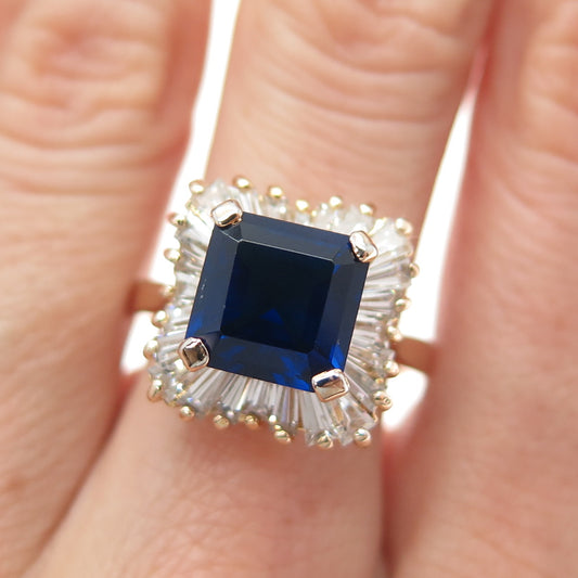 925 Sterling Silver Gold Plated Blue & White C Z Ring Size 8.25