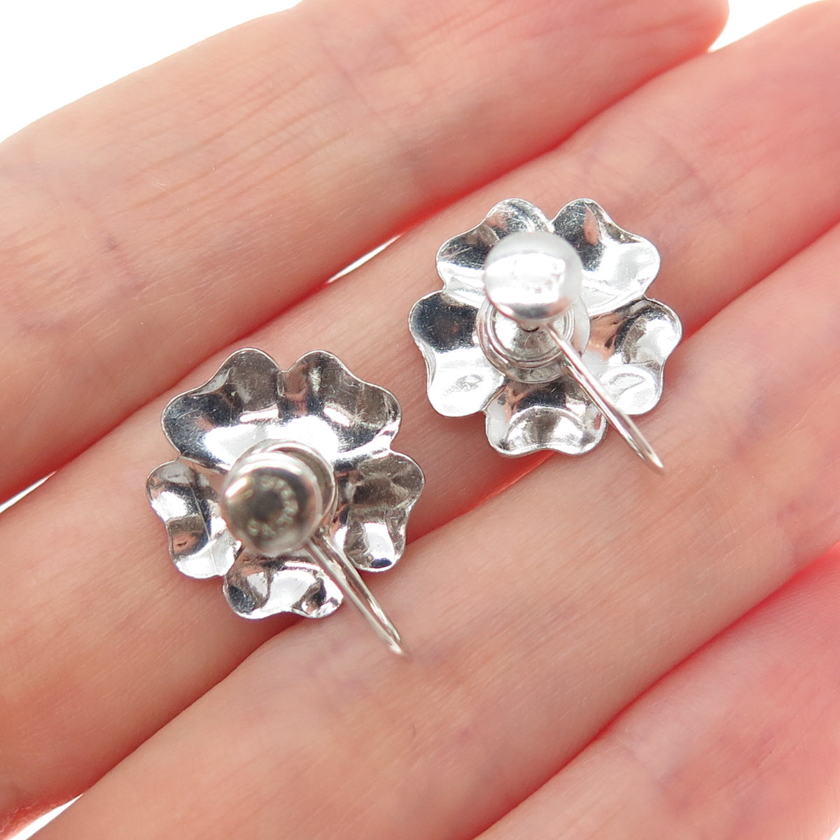 925 Sterling Silver Antique Art Deco Flower Blossom Screw Back Earrings