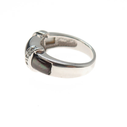 925 Sterling Silver Vintage Real Abalone Shell & C Z Ring Size 5.5