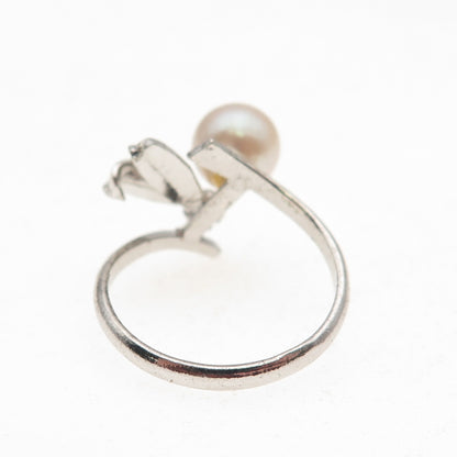 925 Sterling Silver Antique Art Deco Real Akoya Pearl Floral Ring Size 6.75