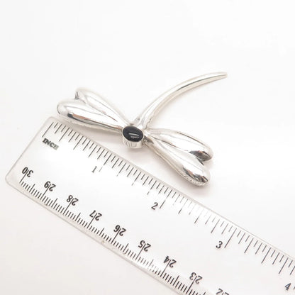 925 Sterling Silver Vintage Real Black Onyx Gemstone Butterfly Pin Brooch
