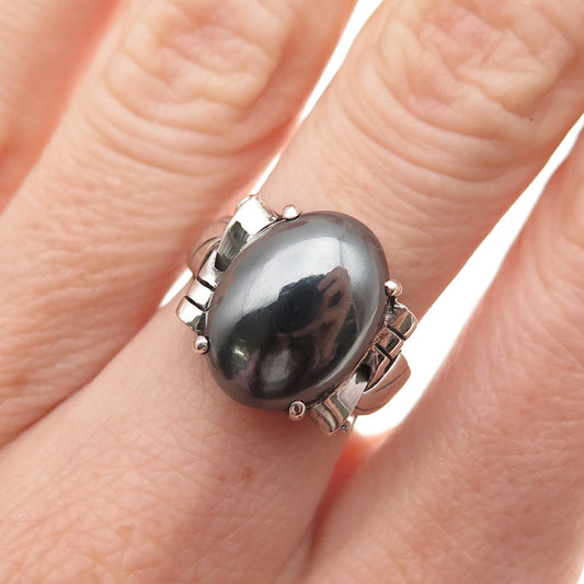 925 Sterling Silver Antique Art Deco Real Hematite Oxidized Ring Size 6.25