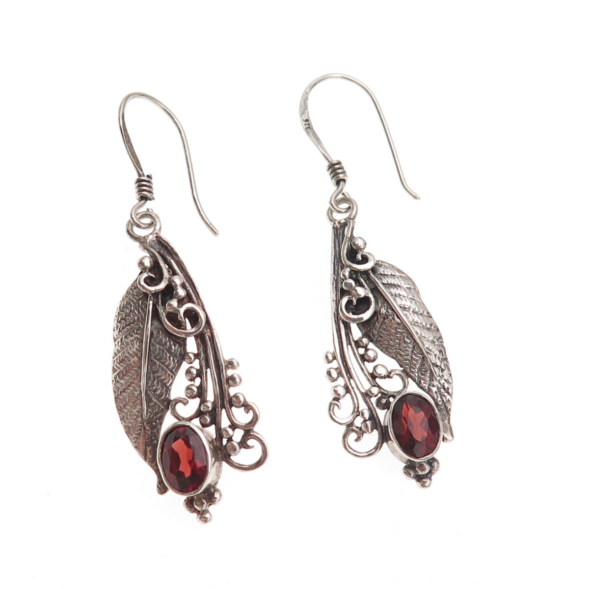 925 Sterling Silver Vintage Real Red Garnet Floral Oxidized Dangle Earrings