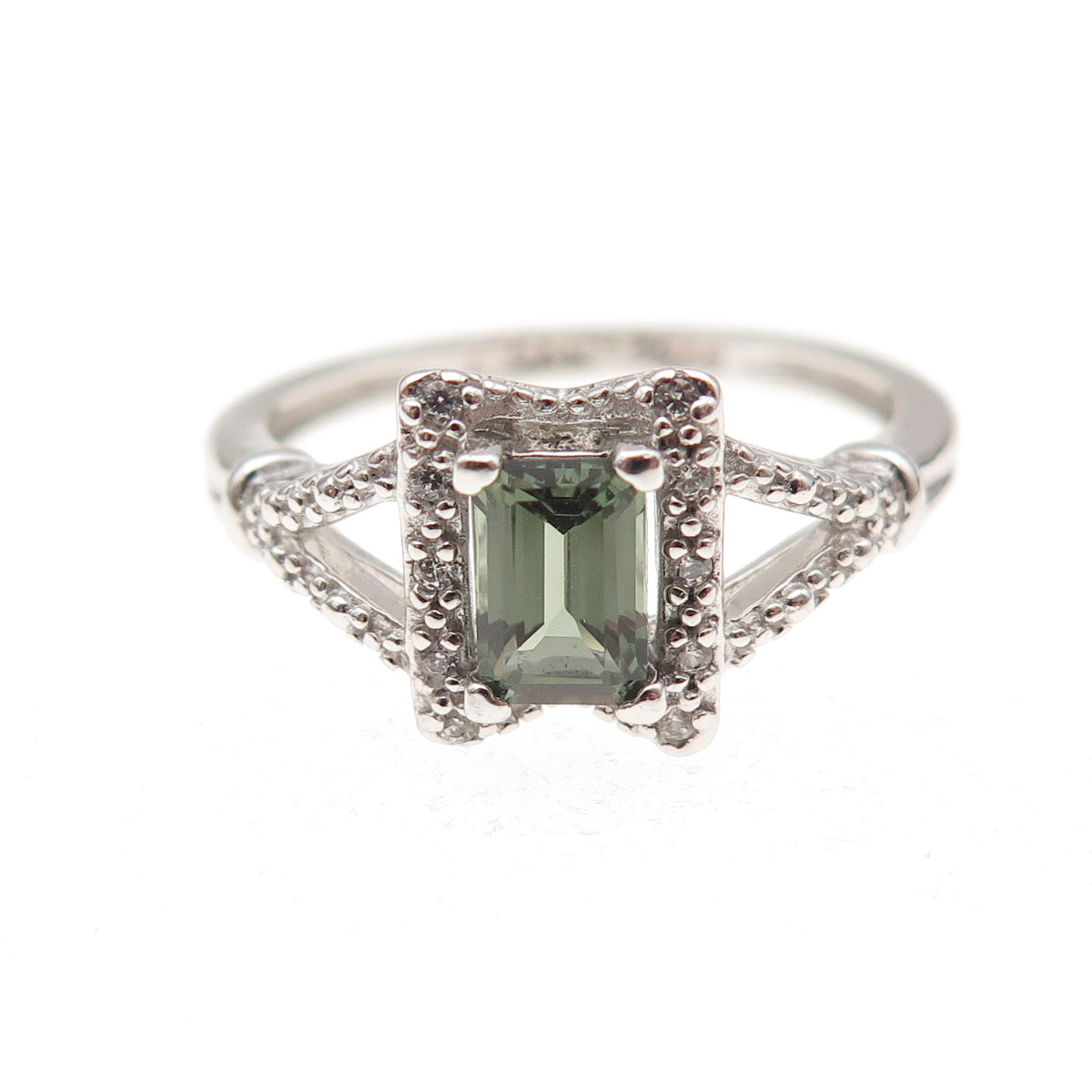 925 Sterling Silver Real Green Tourmaline & C Z Ring Size 7.25