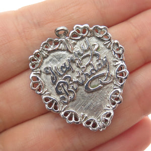 925 Sterling Silver Vintage Happy Birthday Heart Oxidized Charm Pendant