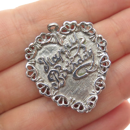 925 Sterling Silver Vintage Happy Birthday Heart Oxidized Charm Pendant