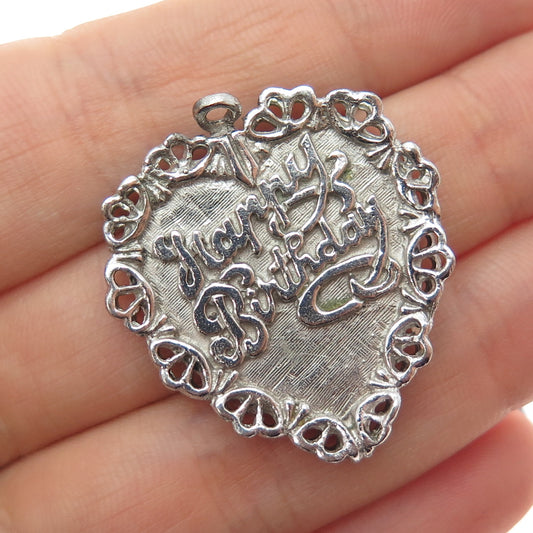 925 Sterling Silver Vintage Happy Birthday Heart Oxidized Charm Pendant