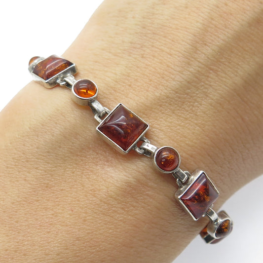 925 Sterling Silver Vintage Real Amber Geometric Link Bracelet 7.5"