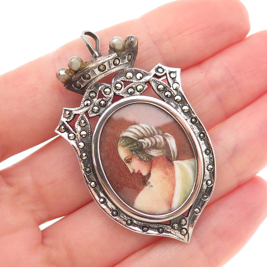 800 Silver Antique Faux Pearl Real Marcasite Portrait Brooch (missing 1 pearl)