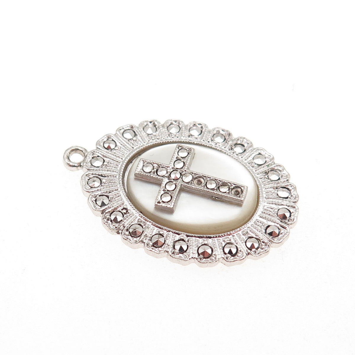 Kimler & Daniel Sterling Antique Marcasites MOP Cross Pendant (missing 2 stones)
