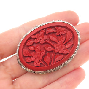 925 Sterling Antique China Export Cinnabar Floral Pin Brooch (missing lock hook)