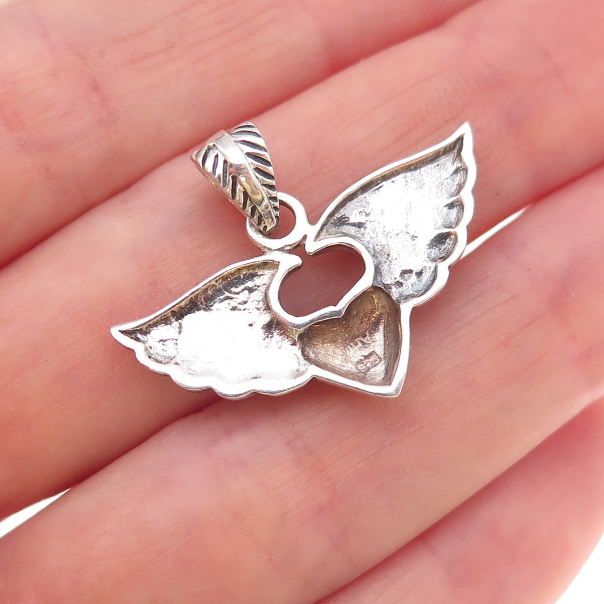 925 Sterling Silver Vintage Heart Angel Wings Oxidized Charm Pendant