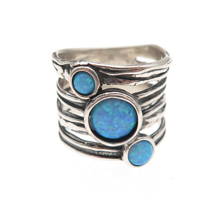 Didae Sterling Silver Vintage Israel Real Opal Modernist Oxidized Ring Size 8.5