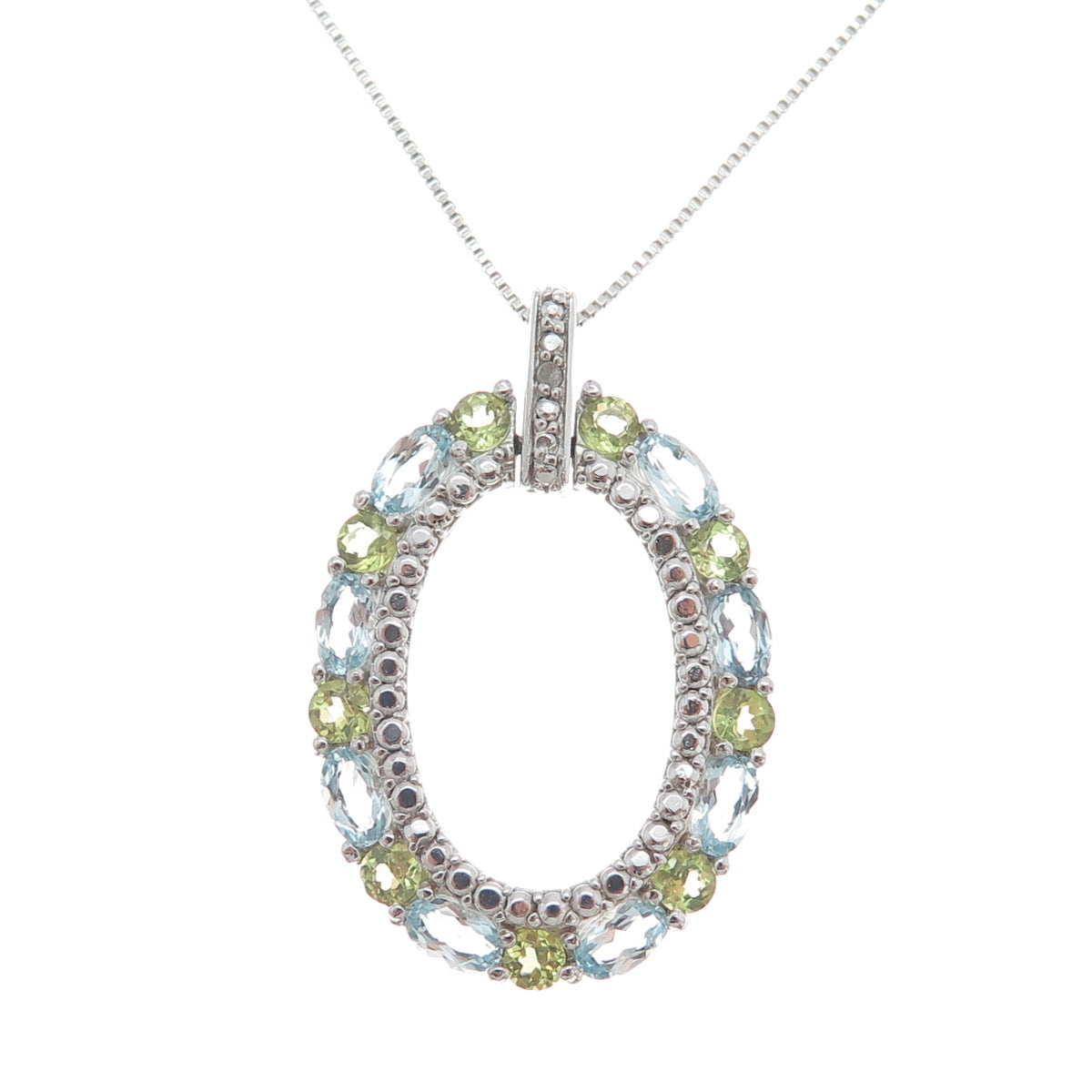925 Sterling Silver Real Diamond Accent Topaz & Peridot Box Chain Necklace 18"