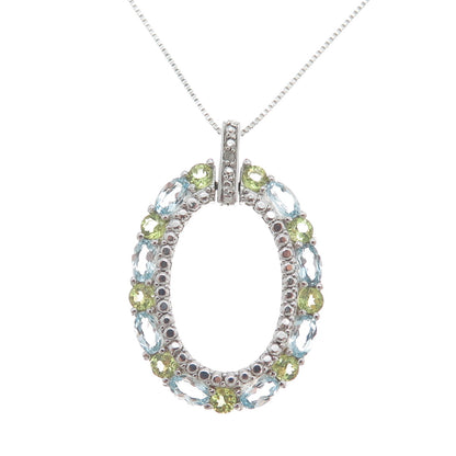 925 Sterling Silver Real Diamond Accent Topaz & Peridot Box Chain Necklace 18"
