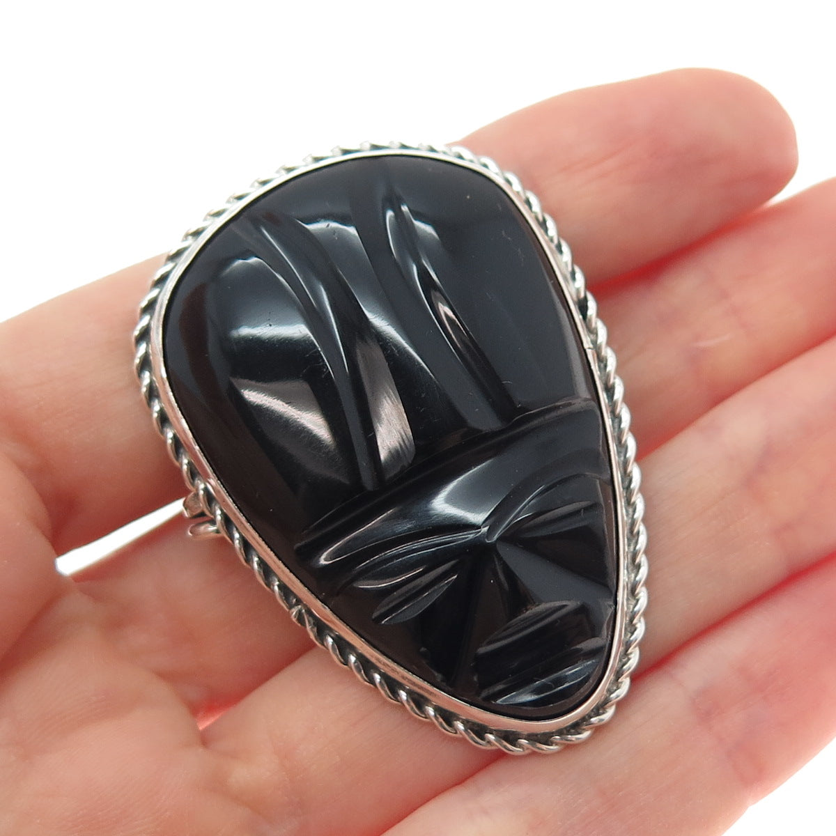 925 Sterling Silver Vintage Real Black Onyx Aztec God Face Oxidized Pin Brooch