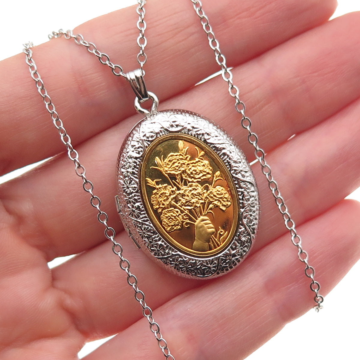 Franklin Mint 925 Sterling 2-Tone Vintage 1978 Flower Locket Chain Necklace 18"