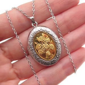 Franklin Mint 925 Sterling 2-Tone Vintage 1978 Flower Locket Chain Necklace 18"