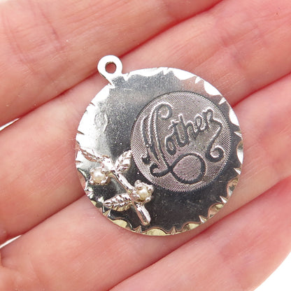 Town & Country 925 Sterling Silver Vintage Faux Pearl Mother Tag Charm Pendant
