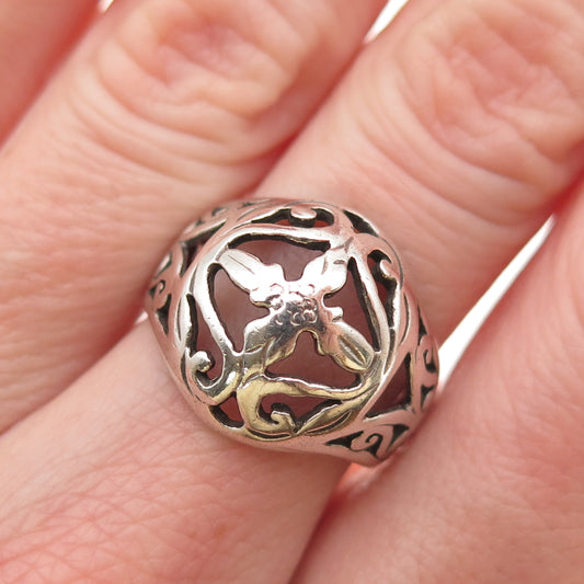 925 Sterling Silver Vintage Floral Ornate Oxidized Dome Ring Size 6