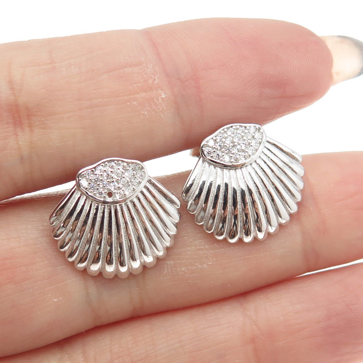 925 Sterling Silver Pave C Z Seashell Stud Earrings